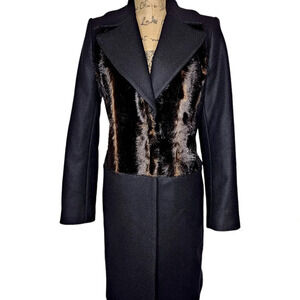 Zara Womens Faux Fur Wool Long Peacoat Trenchcoat Size Small Black